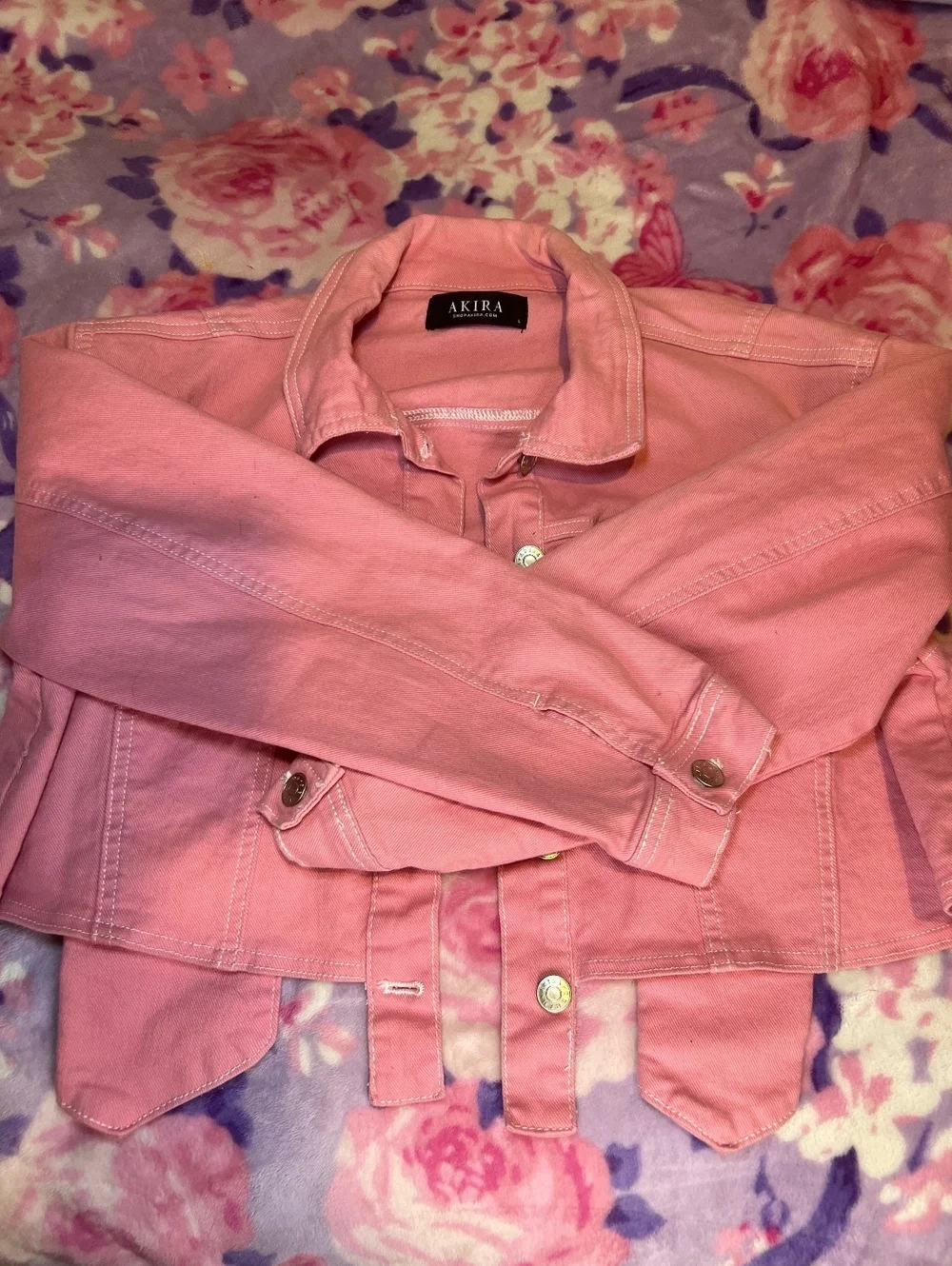 AKIRA Pink Cropped Denim Jacket Belted Size L